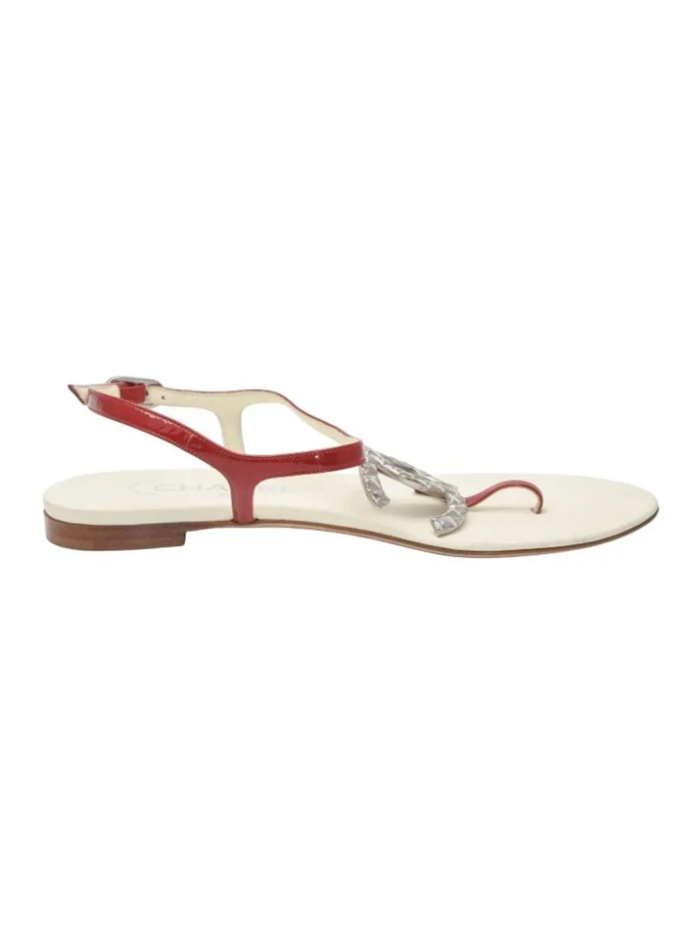 Chanel Thong Sandals CC Logo Patent Leather Red Ivory
